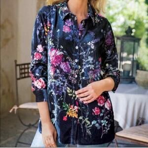 Soft Surroundings Jardim Blue Velvet Floral Soft Button up Shirt Tunic  Sz XL